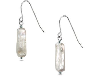 AAA Rectangle Pearl Dangle Earrings White Freshwater Pearl Hook Earrings for Women Sterling Silver Settings with Certificate and Gift Box