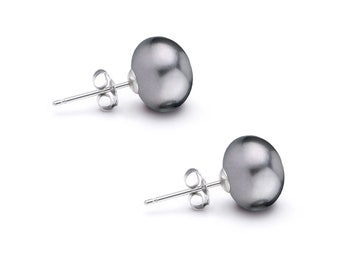 8mm-9mm Gray Pearl Stud Earrings Freshwater Pearls Earring Studs for Women Sterling Silver Settings Push Screw Backs Certificate Gift Box