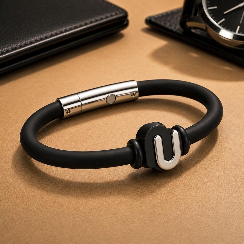 May include: A black silicone bracelet with a silver clasp and a black and silver "U" design. The bracelet is on a brown surface, with a black wallet and watch in the background.