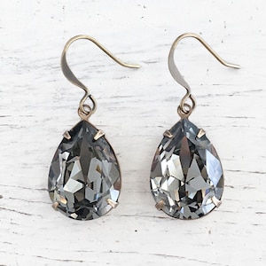 Large 18mm Black Diamond Crystal Drop Rhinestone Earrings - Teardrop Pear - Vintage Bridal Wedding - Made w/ genuine Swarovski® stones