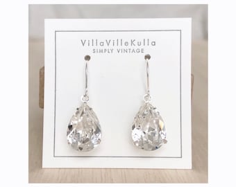 BRIDAL Crystal Drop Earrings - Swarovski® stones Teardrop Pear Rhinestone Earrings Bride - Vintage Wedding Shiny Silver Plate