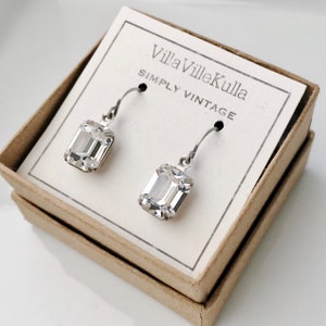 Stunning 10mm Petite Crystal Clear Emerald Cut Vintage Inspired Silver Drop Earrings - made w/ genuine Swarovski® stones