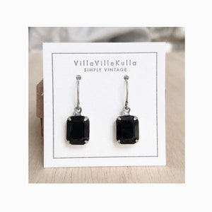 10mm Jet Black emerald cut crystal drop earrings - square - made w/ Swarovski® Vintage stones 10mm