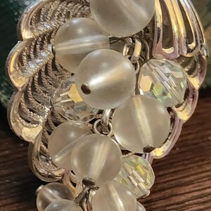 Vintage Parklane Silver tone Clam Shell AB Crystals Cluster Dangle Brooch