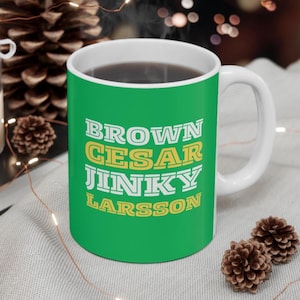 Celtic FC Fan Coffee Mug, Glasgow Football Gift Cup, Present for Hoops Bhoys Celts Soccer Supporter, Larsson Brown Jinky Cesar Footy Mug