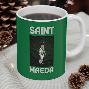 Celtic Saint Maeda Coffee Mug, Funny Football Daizen Glasgow Soccer FC Cup, Hoops Bhoys Hail Hail Mug, Green and White Celts 11oz Mug