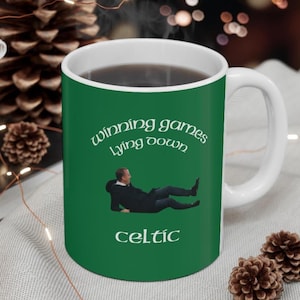 Celtic Lying Down Brendan Rodgers Coffee Mug, Funny Football Glasgow Soccer FC, Hoops Bhoys Hail Hail Mug, Green and White Celts 11oz Mug