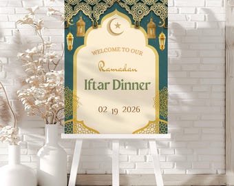 ラマダン・イフタールディナーのウェルカムサインテンプレート、編集可能なイスラムのラマダンサイン、印刷可能なイフタールパーティーの装飾Canvaポスター