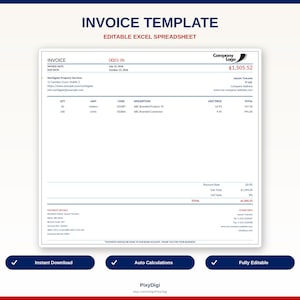 May include: An invoice template in an editable Excel spreadsheet format. The document features a white background with blue and red text, including fields for company details, itemized quantities, unit prices, totals, and payment information.