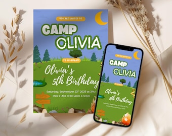 May include: A birthday invitation and a smartphone displaying the same design. The invitation and phone screen feature a green and blue landscape with the text "CAMP OLIVIA" and "Olivia's 5th Birthday". A crescent moon and trees are also visible.