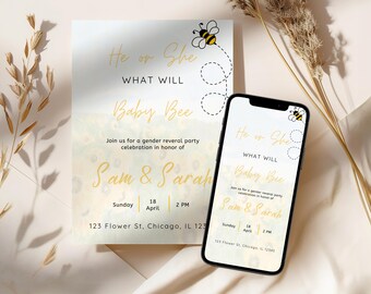 Honey Bee Gender Reveal Invitation, Editable Bumblebee Template (Digital)
