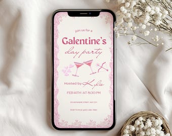 Sjabloon Galentines-feestuitnodiging bewerkbare Valentijnsdag roze en rode Girls Night uitnodiging afdrukbare Galentines Girls Night uitnodiging