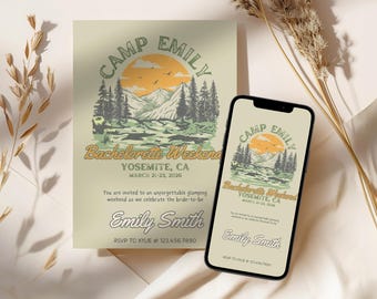 Camp Bachelorette Invitation and Itinerary Template Last Trail Before The Veil Girls Cabin Weekend Invite Digital Download Editable in Canva