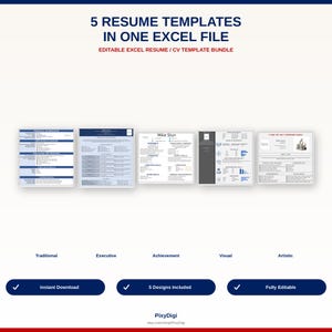 May include: A digital bundle containing 5 resume templates in one Excel file. The image displays five distinct layout designs labeled Traditional, Executive, Achievement, Visual, and Artistic, with text indicating instant download and full editability.