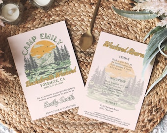 Camp Bachelorette Invitation and Itinerary Template Last Trail Before The Veil Girls Cabin Weekend Invite Digital Download Editable in Canva