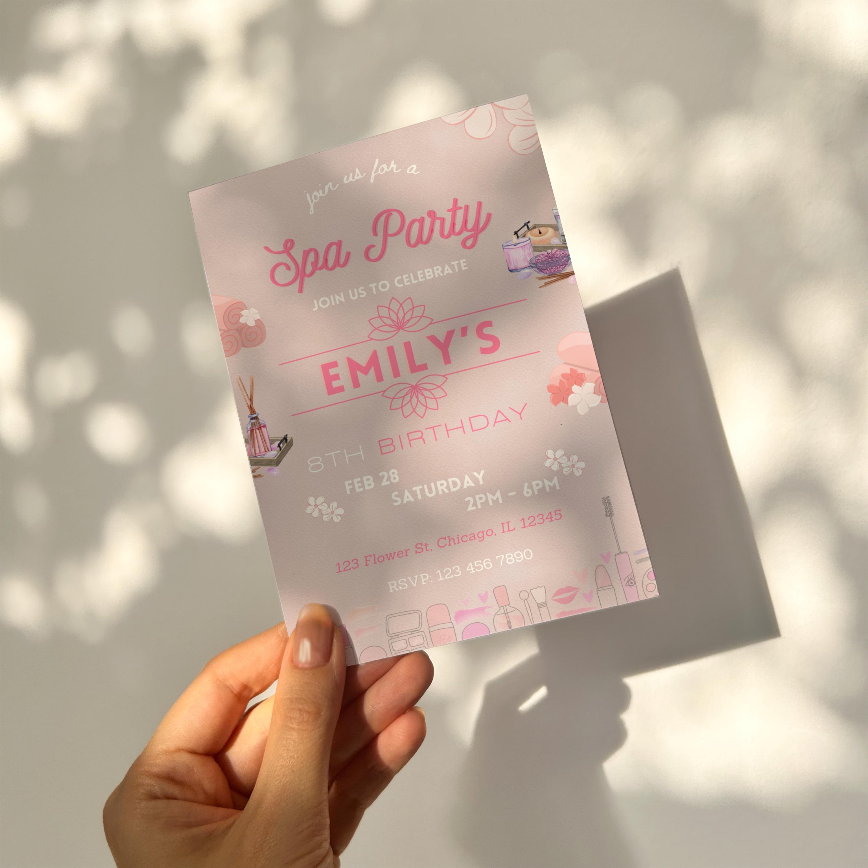 Spa Birthday Party Invitation, Girls Tween Sleepover, Pink Glam