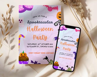 Halloween Party Invitation Template Editable Spooky Party Invite Canva Printable Halloween Bash Card Digital Download for Kids or Adults