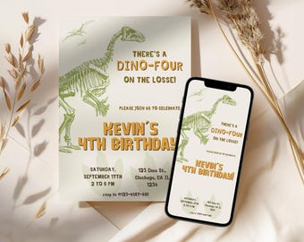 May include: A light beige invitation and a smartphone screen displaying a dinosaur-themed birthday party invitation. The invitation features a green dinosaur skeleton graphic and the text "THERE'S A DINO-FOUR ON THE LOSSE!" and "KEVIN'S 4TH BIRTHDAY!"