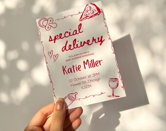 Może przedstawiać: Białe zaproszenie z czerwonym tekstem i ilustracjami. Tekst brzmi "special delivery" i "Katie Miller" z datą i miejscem baby shower. Ilustracje obejmują kawałek pizzy, serca i kieliszek do wina.