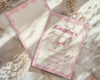 Sjabloon Galentines-feestuitnodiging bewerkbare Valentijnsdag roze en rode Girls Night uitnodiging afdrukbare Galentines Girls Night uitnodiging