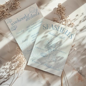 Plantilla de invitación e itinerario para despedida de soltera con conchas marinas y campanas de boda, linda tarjeta de invitación para escapada de fin de semana de chicas preppy
