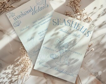 Modèle d'invitation de mariage avec cloches de coquillages, escapade preppy à la plage (numérique)