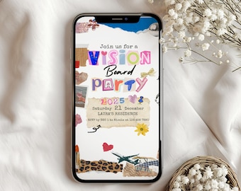 Peut inclure: Une invitation numérique pour une fête de création de tableau de vision le samedi 21 décembre 2025 à la résidence de Laura. L'invitation présente un collage coloré d'images et de texte, notamment les mots "Vision Board Party" et "RSVP avant le 1er décembre à Nicole au 123 456 7890".