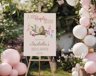 A New Chapter Begins Bridal Shower Welcome Sign Template Editable Book Theme Bridal Shower Sign Printable Literary Shower Canva Poster