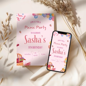 Picnic Birthday Party Invitation, Editable Picnic Themed Birthday Invite, Digital Kids Outdoor Birthday Party Invitation Template