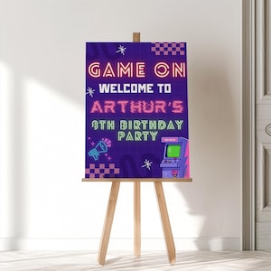 Arcade-Geburtstags-Willkommensschild bearbeitbar in Canva, Retro-Gaming-Party-Schild, digitales Videospiel-Geburtstagsvorlage für Kinder, anpassbare Karte