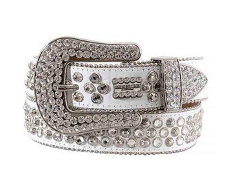 White Strap With Crystal Studs Rhinestone Belt Medium (33-35Inches)