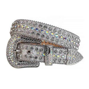 May include: Silver belt with a dazzling array of clear, iridescent rhinestones. The buckle and belt tip are also encrusted with sparkling stones. This fashion accessory is designed to add a touch of glamour.