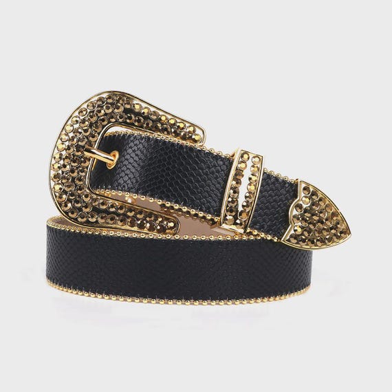 Black Belt with Gold and Rhinestone Buckle Amazon.com: Azedssw Gold Rhinestone Belts Luxury Mens Black  main image 2