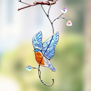 Bluebird Stained Glass Suncatcher, Rainbow Suncatcher , Stained Glass Window Hangings, Stained Glass Fairy Garden Accessories,Christmas Gift