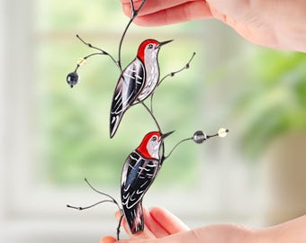 Hand-Painted Woodpecker Stained Glass Suncatcher: Bird Watching Gift Christmas Present