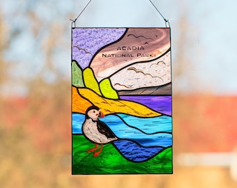 Acadia-Nationalpark Glasmalerei-Panel Puffin Küstenlandschaft Dekor Reisegeschenk
