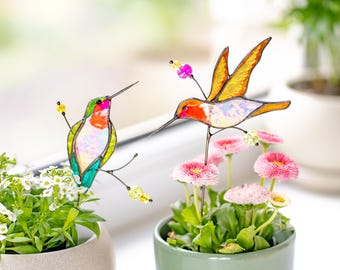 Stained Glass Hummingbird Plant Stakes Set Indoor Flower Decor Bird Lover Gift