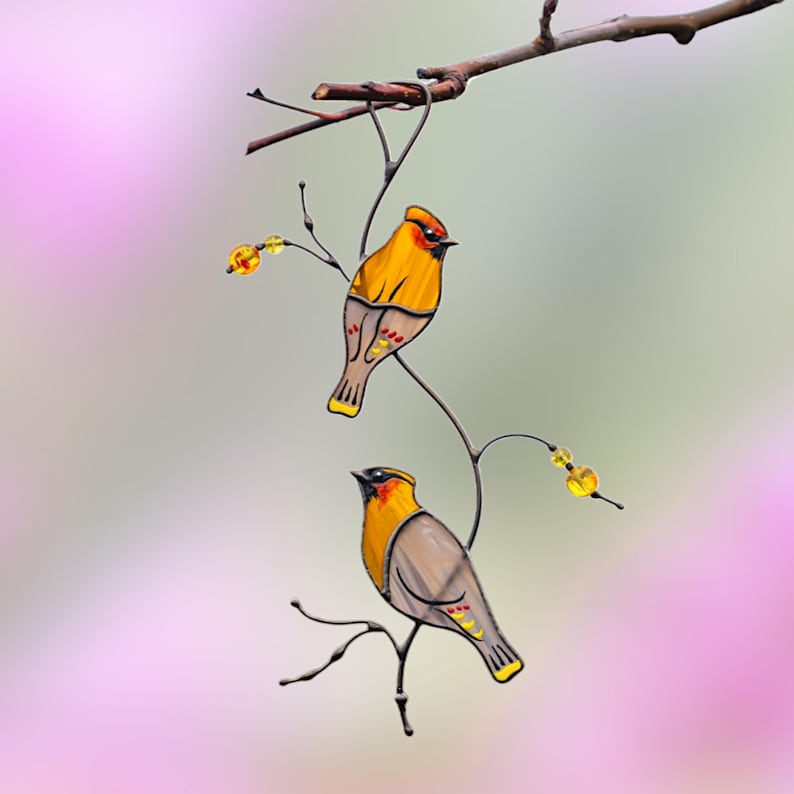 Cedar Waxwing Stained Glass Window Hangings
