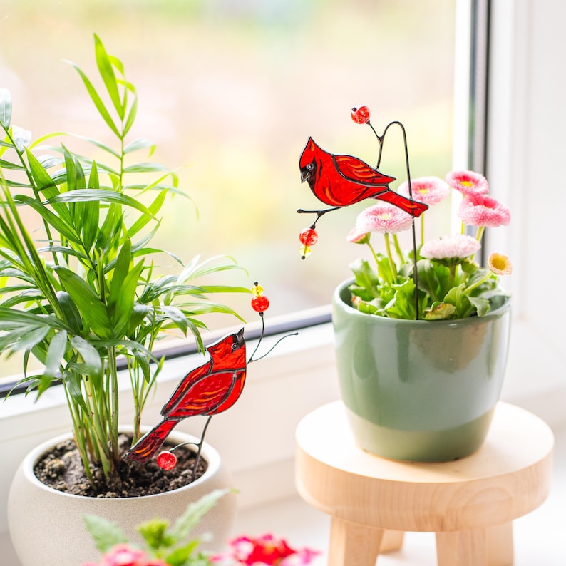 cardinal bird plant decor with warm light