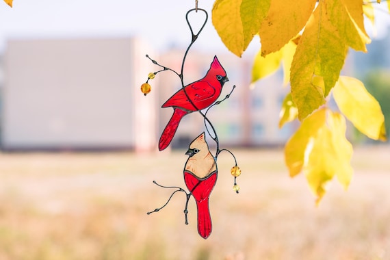 Cardinal Stained Glass Bird Watching Gift , Stained Glass Window Hangings , Cardinal Wall Hanging , Gifts For Mom