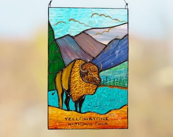 Bison Stained Glass Window Hangings , Rustic Decor Gifts for Men , Yellowstone Stained Glass Panel , National Park Sign , Mothers Day Gift