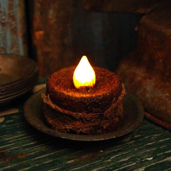 Extreme Grubby Primitive Flicker Candle In Early Maple Sugar Tin Candy Mold