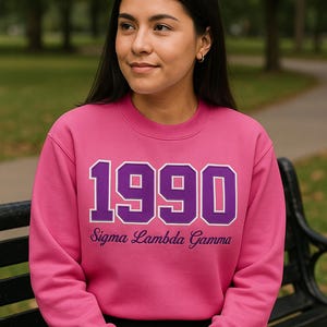 Sigma Lambda Gamma Sorority Gift | 1990 Crew Sweatshirt | Gammas Sweater | SLG1990 | Shocking Pink Majestic Purple