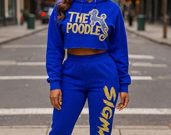 Sigma Gamma Rho Royal Blue Glitter “The Poodles” Cropped Hoodie & Jogger Set | SGRho Sorority Fleece Sweatsuit | Glitter Greek Apparel