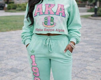 Alpha Kappa Alpha Sorority Gift | 1908 Crew crop hoodie | AKA1908 Jogger Set | Alpha Woman | NPHC | AKA | Salmon Pink Mint Green | Skee-wee