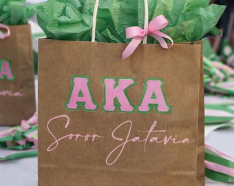 AKA Personalized Gift Bag | Custom Soror Name Kraft Craft Bag | Alpha Kappa Alpha Probate Crossing Favor Bag | Pink Green Greek Gift
