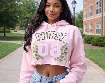 Ready To Ship Pink Greek Crop Hoodie | “Phirst 08” Sorority Inspired Cropped Sweatshirt | One Large Available | College Campus Style