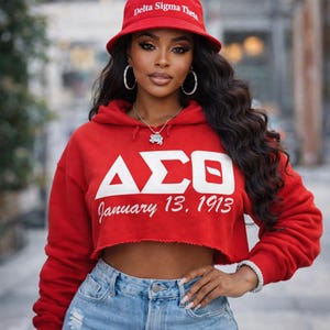 Delta Sigma Theta Sorority Gifts | 1913 Cropped Hoodie | DST1913 Sweater| Devastating Diva | Sisterhood | DST | Red White | Oo-oop | Howard