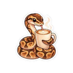 Peut inclure: Un autocollant de dessin animé représentant un serpent au motif brun et beige enroulé autour d'une tasse beige remplie d'une boisson chaude. Le serpent a de grands yeux noirs, une petite langue rose et tient la tasse avec sa queue.