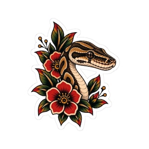 May include: A sticker featuring a brown and tan patterned snake head emerging from behind vibrant red flowers with yellow centers and dark green leaves. The design has bold black outlines and a white border, creating a clear graphic illustration.